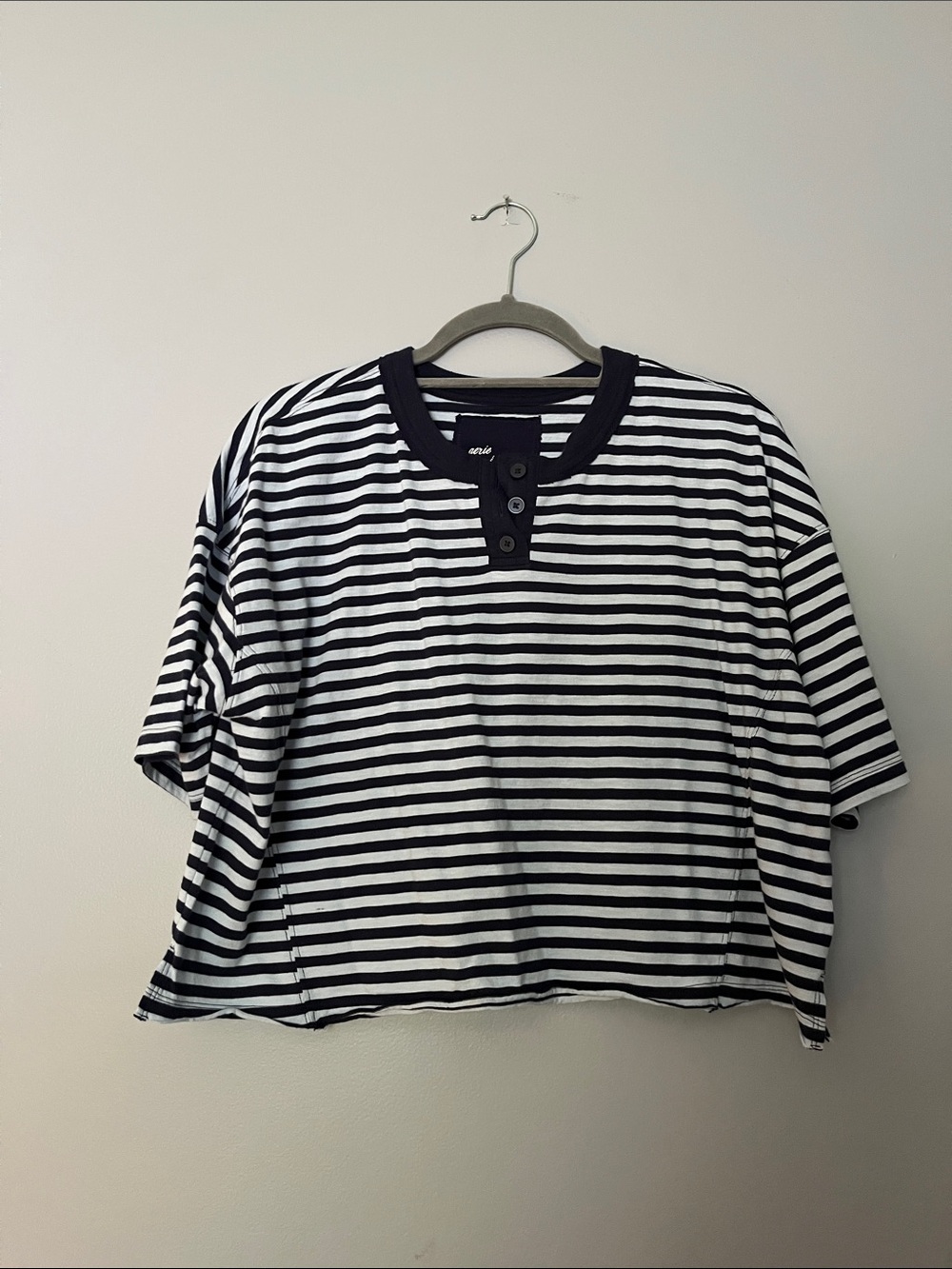 aerie Navy and Light blue Striped Henley Crop Top
